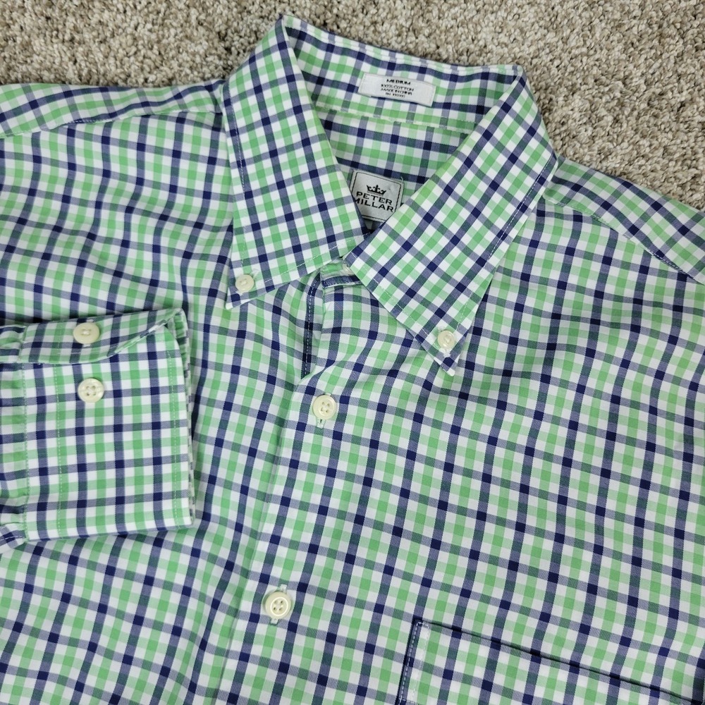 Peter Millar Mens Medium Blue Green Gingham Check Button Down Long Sleeve